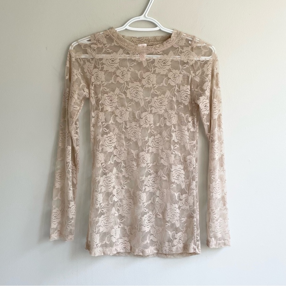 LONG SLEEVE SHEER LACE BEIGE NUDE NEUTRAL TOP ROUND NECK LUXE JUNKIE - Picture 1 of 7